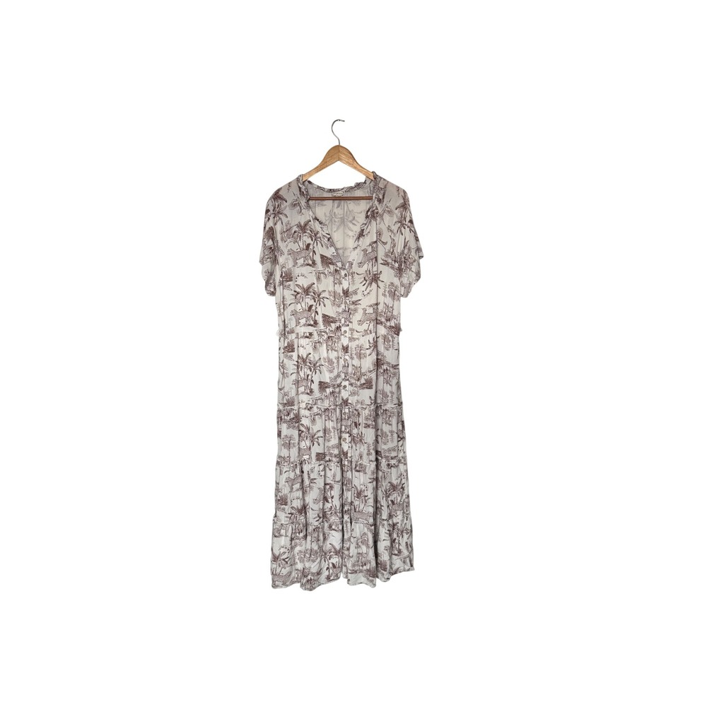 Cloth & Portrait Safari Leopard Toile Tiered Maxi Dress XXL Brown Cream Rayon